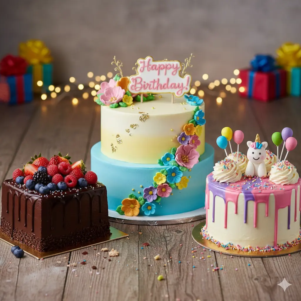 Custom eggless birthday cakes at Manohar Vegetarian Bakery in Edmonton, AB